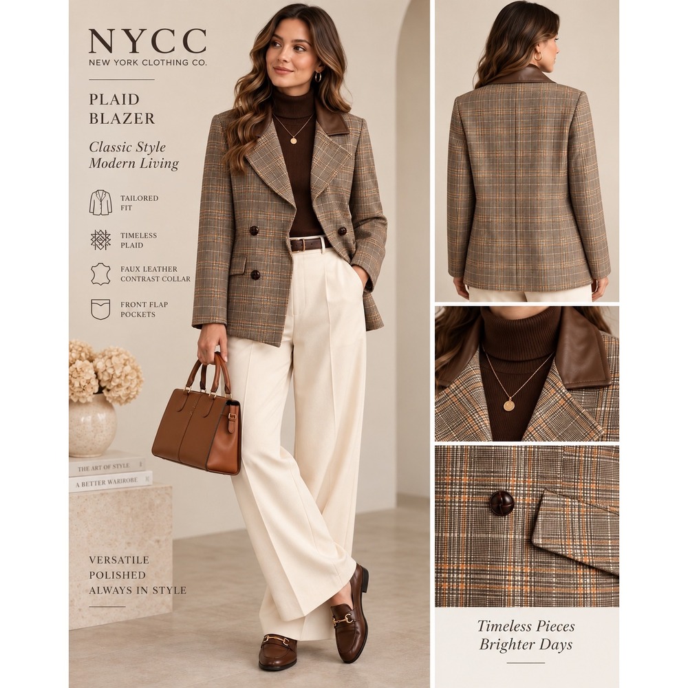 NYCC New York Clothing Co Plaid Blazer Faux Leather Collar Brown Tan XL NWT